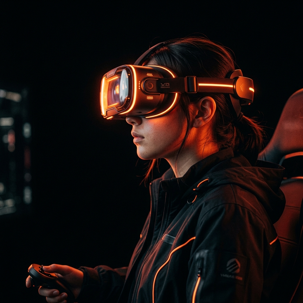 Person wearing glowing orange VR headset